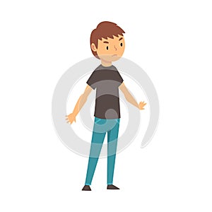 Boy expresses dissatisfaction with something cartoon vector illustration