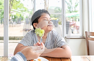 Boy with expression of disgust against vegetables