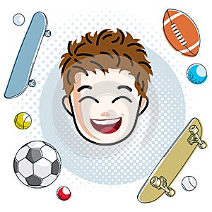 Boy face, human head. Vector character, happy red-haired teenage