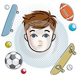 Boy face, human head. Vector character, happy red-haired teenage