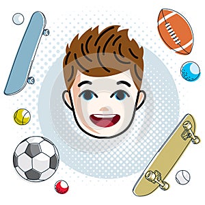 Boy face, human head. Vector character, happy red-haired teenage