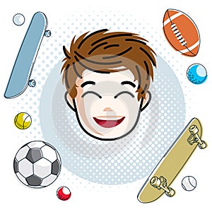 Boy face, human head. Vector character, happy red-haired teenage