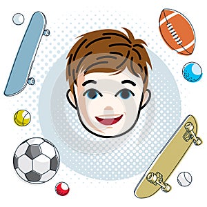 Boy face, human head. Vector character, happy red-haired teenage