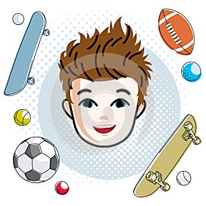 Boy face, human head. Vector character, happy red-haired teenage