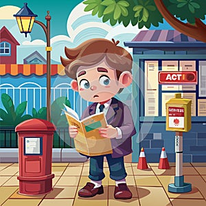 Boy face joyless reading post office TV vector photo