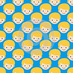 Boy face seamless pattern expression cute teenager cartoon character and happyness little kid flatvector illustration.