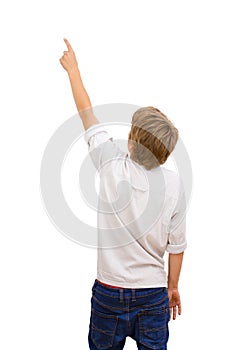 Boy facing with back pointing.