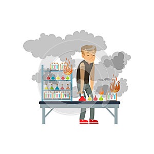 Boy after a failed chemical experiment, schoolgirl at chemistry lesson vector Illustration