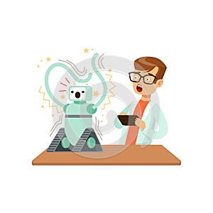 Boy after a failed experiment with robot, schoolboy doing science research vector Illustration