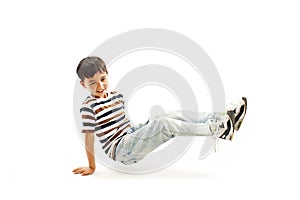 boy fall down on white