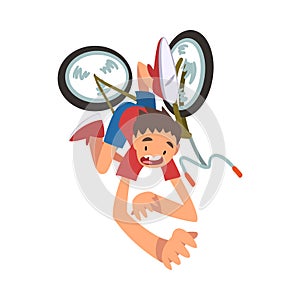 Boy Falling off Bicycle, Teenager Bicyclist, Summer Outdoor Activity Cartoon Vector Illustration