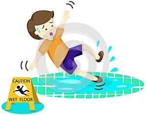 Boy falling on wet floor