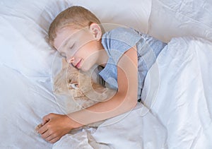 the boy falls asleep and hugs his ginger cat, who sleeps with him under the covers. children and pets. the cat sleeps