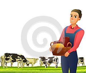 Boy farmer with basket. Cows are grazing. Rural landscape hills. Green pasture grass. Summer view. Farm milk and dairy