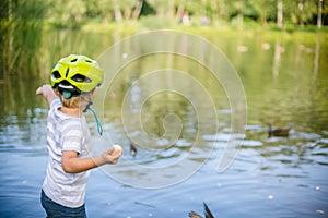 Boy feeding ducks and pigeons in the park by the lake