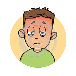 Boy feeling hot and sick. Heat, sun stroke, sickness. Flat vector illustration. Isolated on white background.