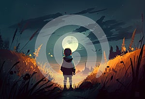 Boy in a field looks at the full moon illustration. AI generative