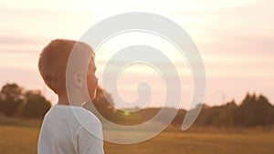 Boy in a field at sunset. The concept of childhood, freedom and inspiration.
