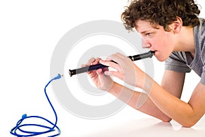 Boy with fife and network cable