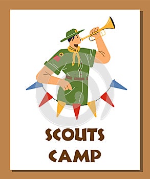 Boy fifer wear scout uniform, neckerchief blows the trumpet fife, Scouts camp poster, cartoon vector outdoor activities