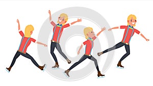 Boy Figure Skater Vector. Winter Sports. Skater Male. Different Poses. In Action. Flat Cartoon Illustration