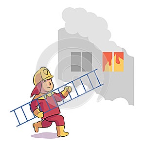 Boy firefighter with ladder run to burning house