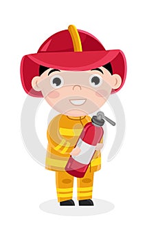 Boy in fireman uniform with fire extinguisher