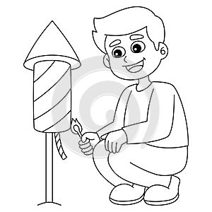 Boy with Fireworks Isolated Coloring Page for Kids