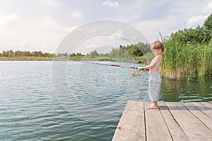 Boy fisherman catches fish in the lake. The child is standing on a wooden pier. Reeds grow near the shore. Sunny