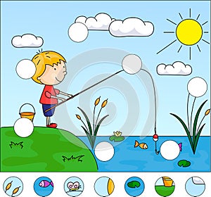 Boy fisherman with fishing rod on the lake. Complete the puzzle