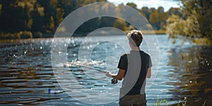 A Boy Fishing on a Lake With a Rod