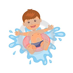 Boy floats on lifebuoy. Vector illustration of summer vacation at sea