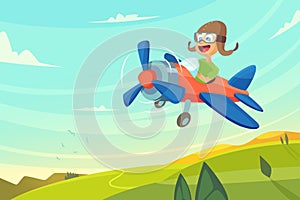 Boy flying in airplane. Funny cartoon illustration