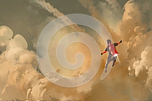 Boy flying in the cloudy sky with jet pack rocket photo