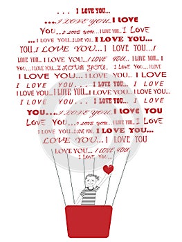 Boy flying in I love you hot air baloon
