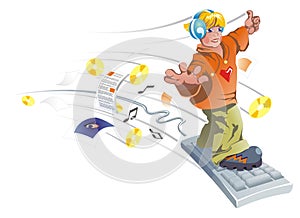 Boy is flying on the keyboard.