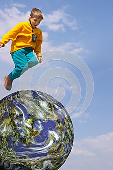 Boy Flying Over the Earth