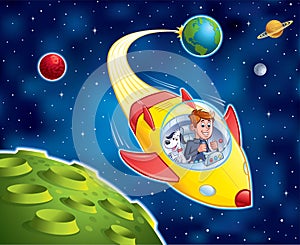 Boy Flying A Spacecraft With His Pet Dog Through Space