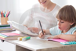 Boy focusing on homework photo