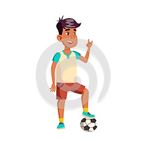 boy footballer with ball show rock gesture cartoon vector