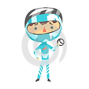 Boy In Formula One Racer Uniform Holding A Wheel Vector Cartoon Illustrations With Child Dreaming To Be A Racer.