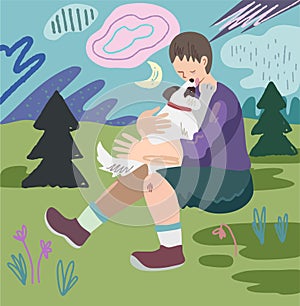 The boy found the lost dog. The child hugs a puppy on the background of nature. Vector illustration