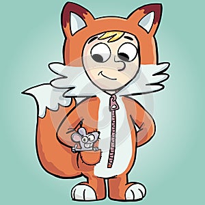 boy in a fox costume with a mouse in his pocket
