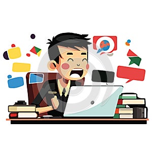 A boy in front of a computer, laptop. The man is sitting in the office.