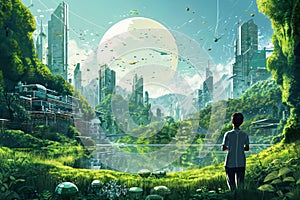 Boy in front of a Green Futuristic City