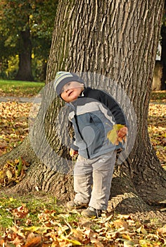 Boy in front of tree