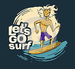 Boy full moon surfer cool summer t-shirt print. Boyfriend midnight ride surfboard on big wave.