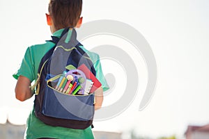 Boy with full school backpack. Little pupil going back to school. Back view