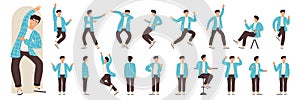Boy on fun dance party in dynamic actions, side, front and back view set, man dancing