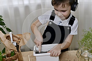 The boy, fun dances and loosens the soil with a tool, is engaged in the planting of hyacinths